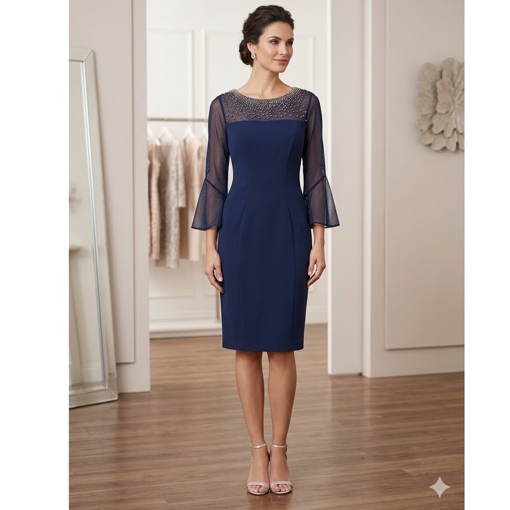 Alex Evenings Navy Blue Beaded Illusion Neckline Bell Sleeve Sheath Dress 12